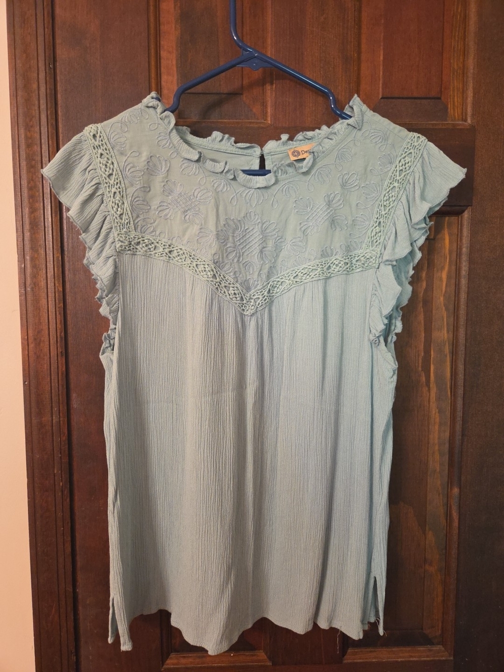 Democracy Light Sage Embroidered Ruffle Sleeve Top